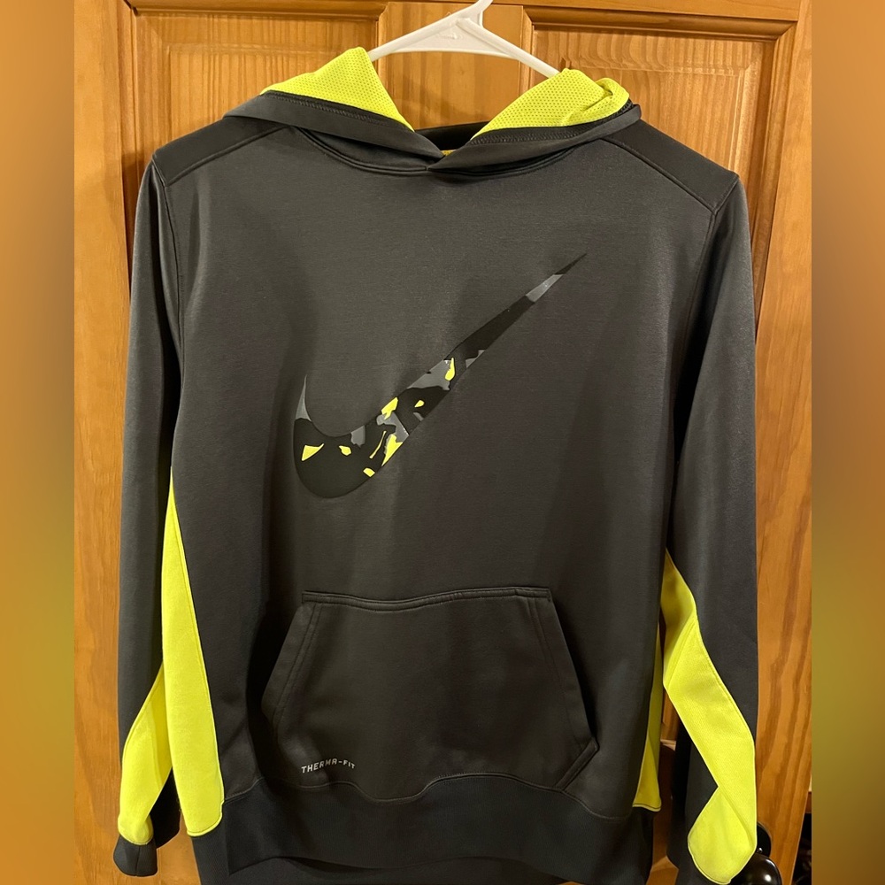 Nike  Youth XL Pullover Therma-Fit Hoodie Black and Neon Yellow Swoosh